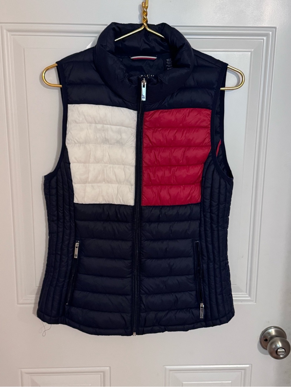 Tommy Hilfiger Colorblock Puffer Vest Red White & Blue Full Zip Packable sz Med